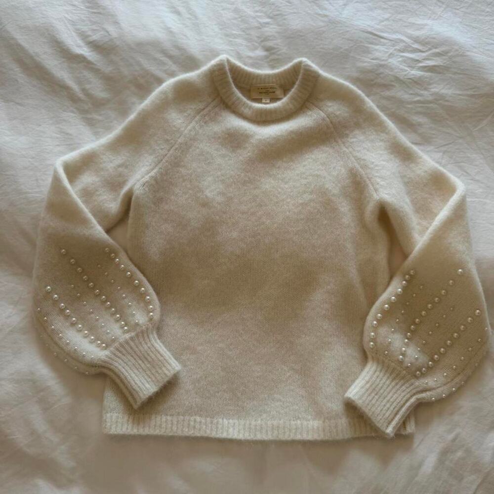Sezane cream pearl embellished sweater with pearl